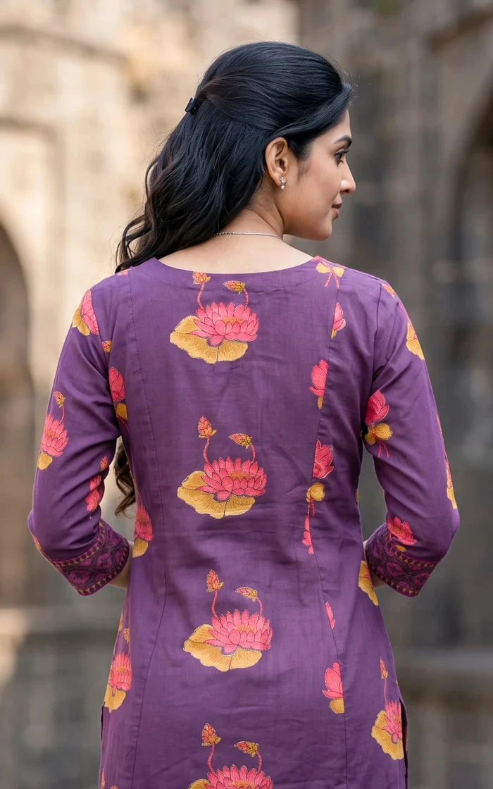 Purple Straight cut Kurta set with Lotus Floral Print